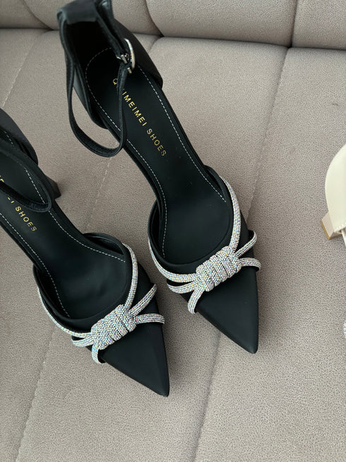 Rhinestone Embedded Pointy Toe Buckle Strap Heels